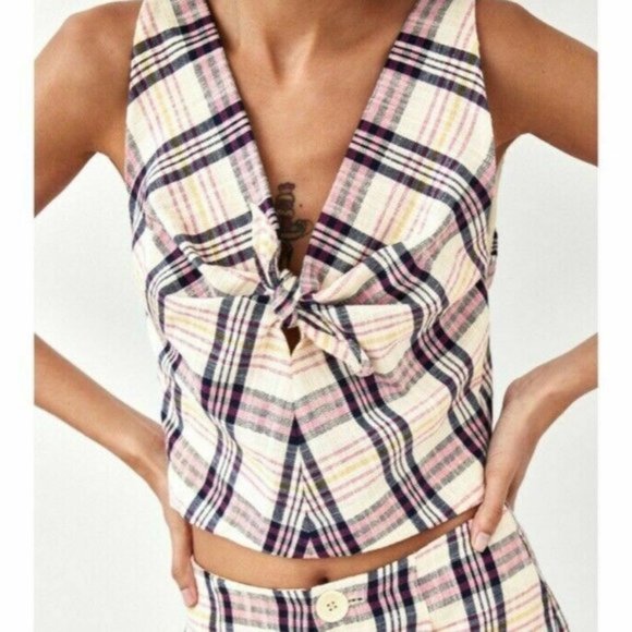 NWOT Zara checkered plaid crop top with knot bow & keyhole detail, S - Picture 8 of 14